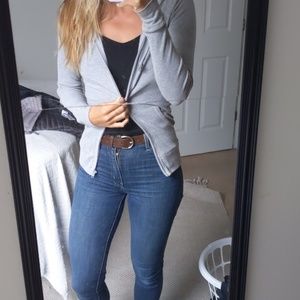 Light grey, zip up jacket with hood